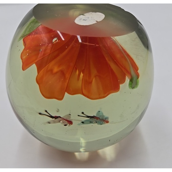 Vintage‎ Hand Blown Art Glass Paperweight Orange Flower & 2 Bumble Bees Bubbles - Picture 10 of 14